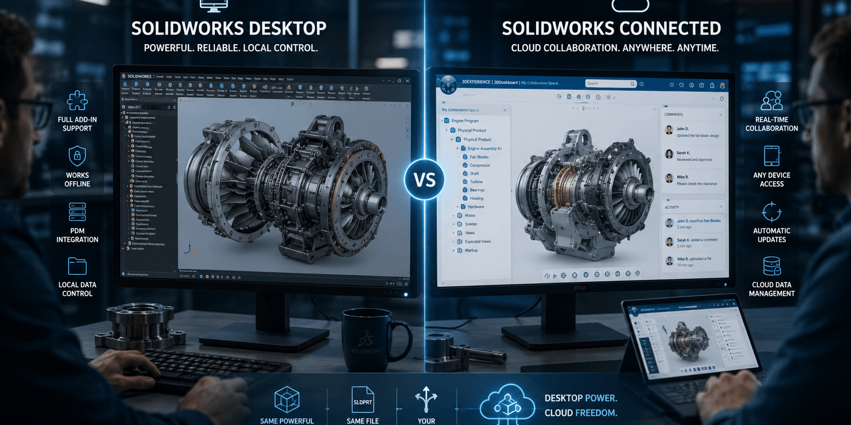 solidworks-desktop-vs-connected-2026-hero SOLIDWORKS Desktop vs SOLIDWORKS Connected 2026 comparison on engineering workstation