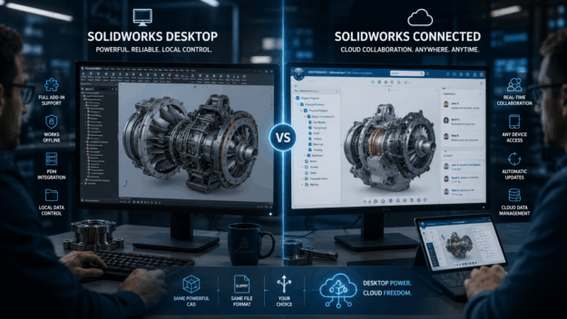 solidworks-desktop-vs-connected-2026-hero SOLIDWORKS Desktop vs SOLIDWORKS Connected 2026 comparison on engineering workstation