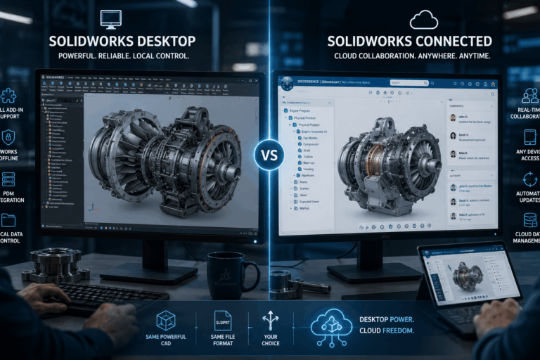 solidworks-desktop-vs-connected-2026-hero SOLIDWORKS Desktop vs SOLIDWORKS Connected 2026 comparison on engineering workstation