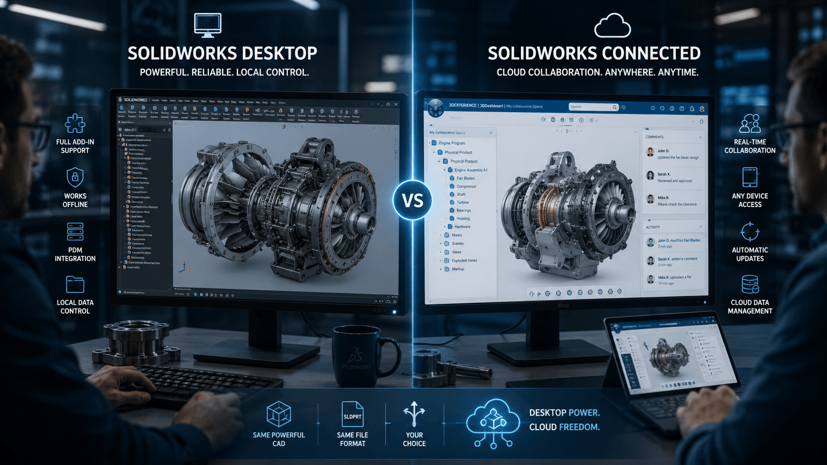 solidworks-desktop-vs-connected-2026-hero SOLIDWORKS Desktop vs SOLIDWORKS Connected 2026 comparison on engineering workstation