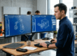 Hardware startup engineer using SOLIDWORKS CAD software to design a mechanical assembly for an early-stage product company