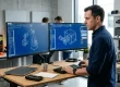 Hardware startup engineer using SOLIDWORKS CAD software to design a mechanical assembly for an early-stage product company