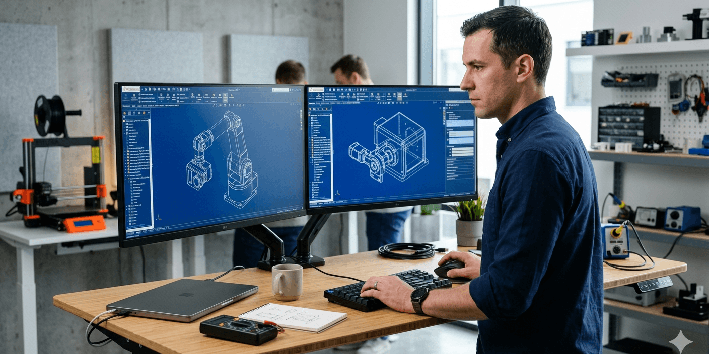 Hardware startup engineer using SOLIDWORKS CAD software to design a mechanical assembly for an early-stage product company