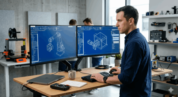 solidworks-for-startups-hardware-engineer-cad-design Hardware startup engineer using SOLIDWORKS CAD software to design a mechanical assembly for an early-stage product company
