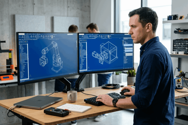 Hardware startup engineer using SOLIDWORKS CAD software to design a mechanical assembly for an early-stage product company