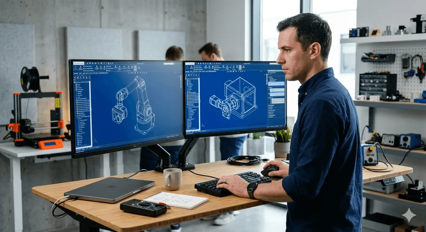 Hardware startup engineer using SOLIDWORKS CAD software to design a mechanical assembly for an early-stage product company