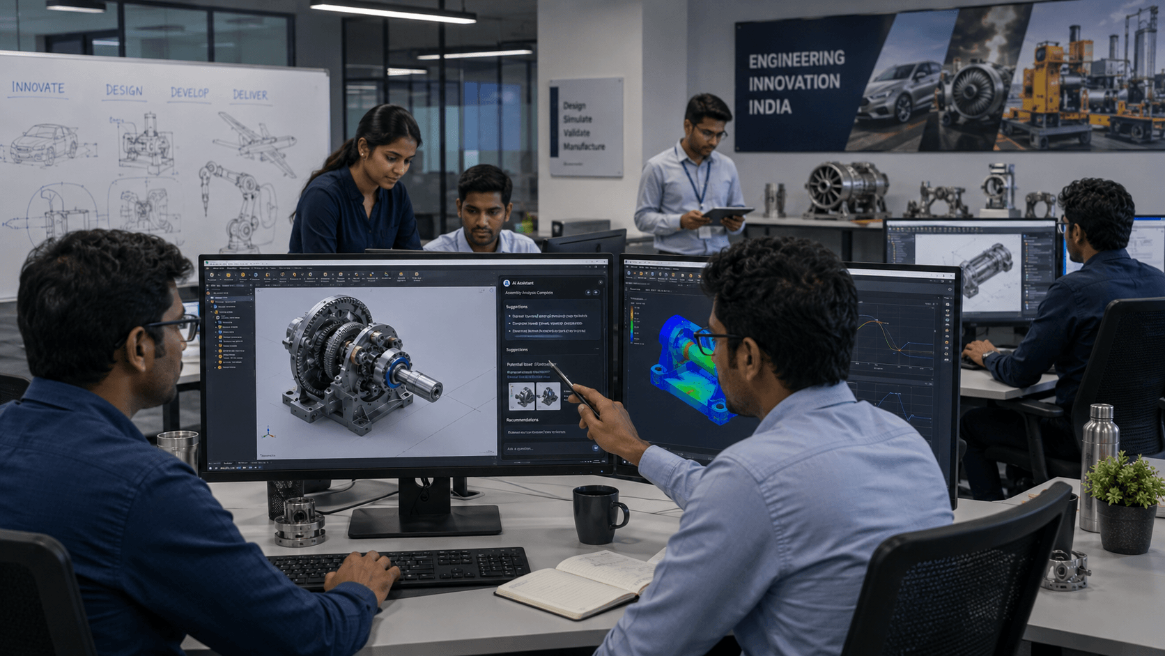 AI-Assisted CAD in India's Engineering Industry Indian engineering team using AI-assisted CAD for product design and simulation