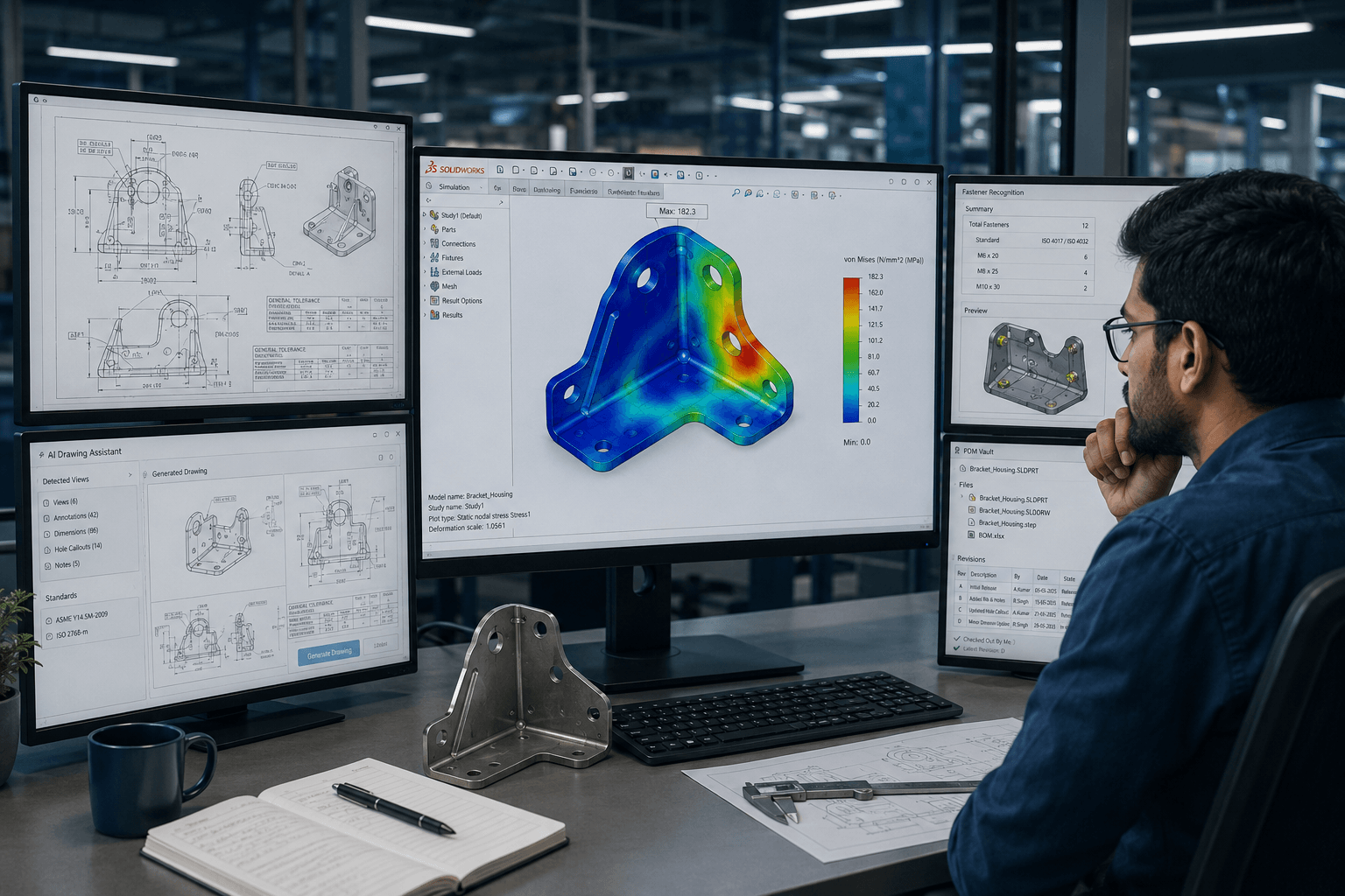 SOLIDWORKS automotive simulation, PDM and AI-assisted drawing workflow