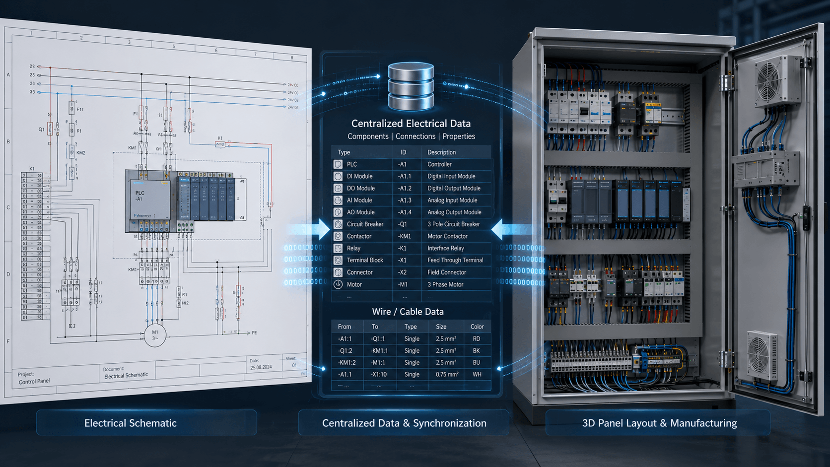 SOLIDWORKS Electrical schematic to 3D panel workflow SOLIDWORKS Electrical schematic to 3D panel workflow showing connected electrical design data