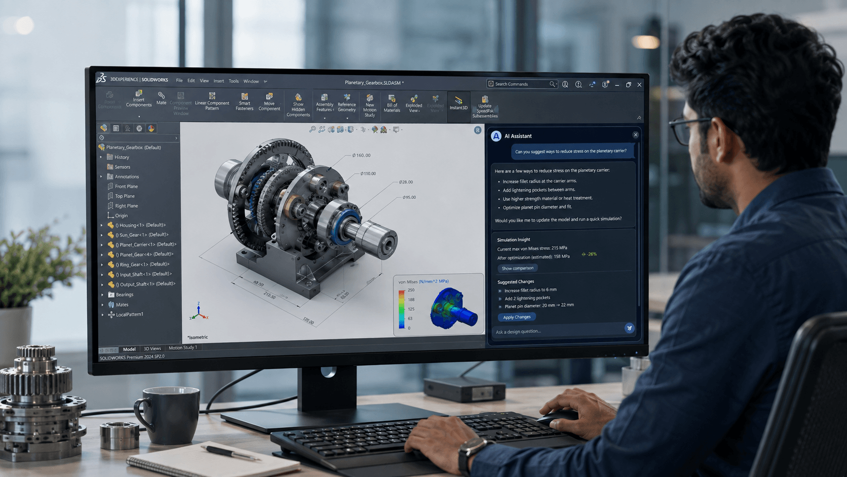 LEO AI Engineering Companion in SOLIDWORKS AI engineering companion LEO assisting an engineer inside a CAD environment