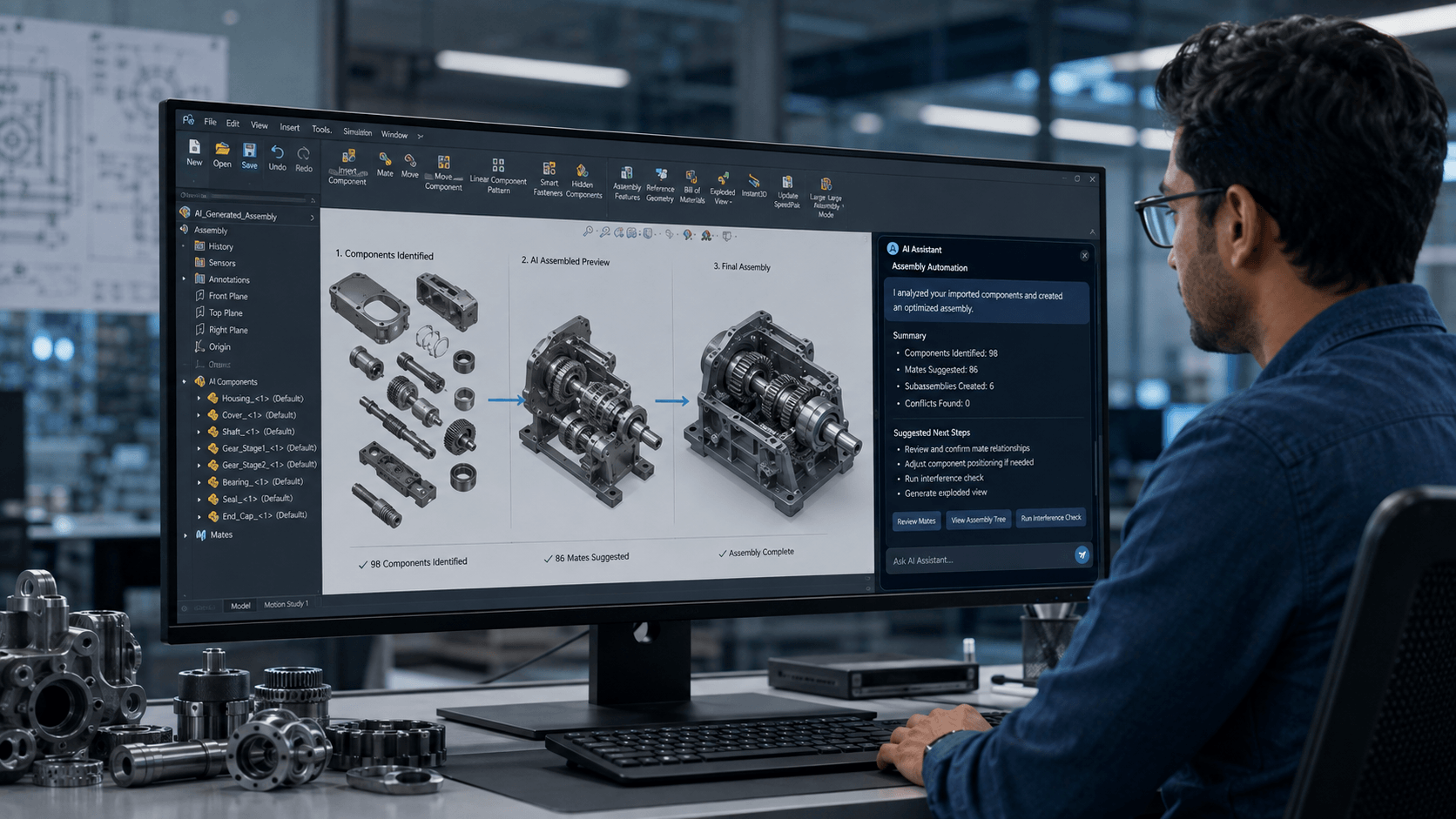 AI-Assisted Assembly Automation in SOLIDWORKS AI-assisted assembly automation creating a complex mechanical CAD assembly