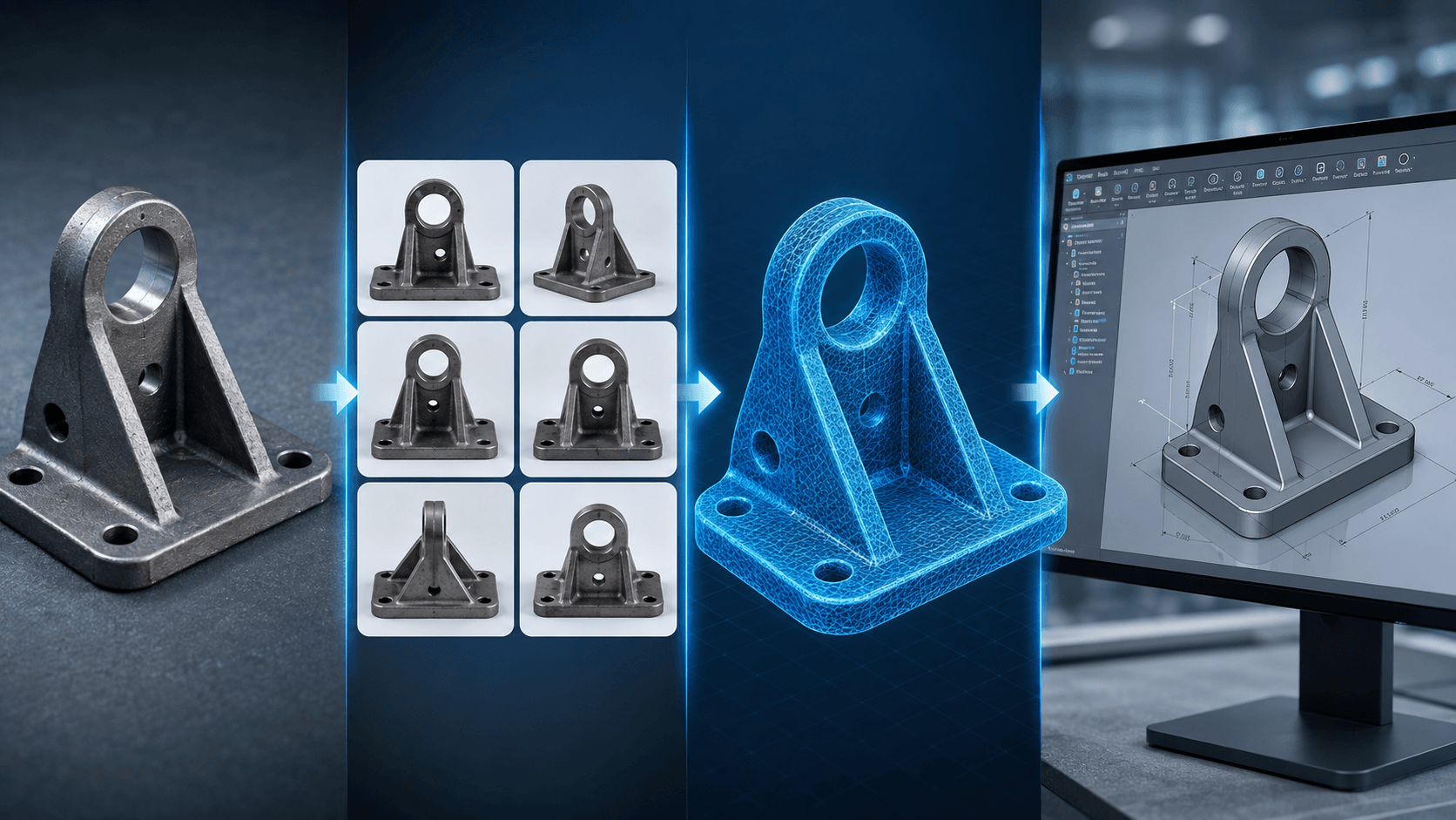 SOLIDWORKS LEO Image-to-Mesh Modeling AI converting images of a physical mechanical part into a 3D CAD mesh