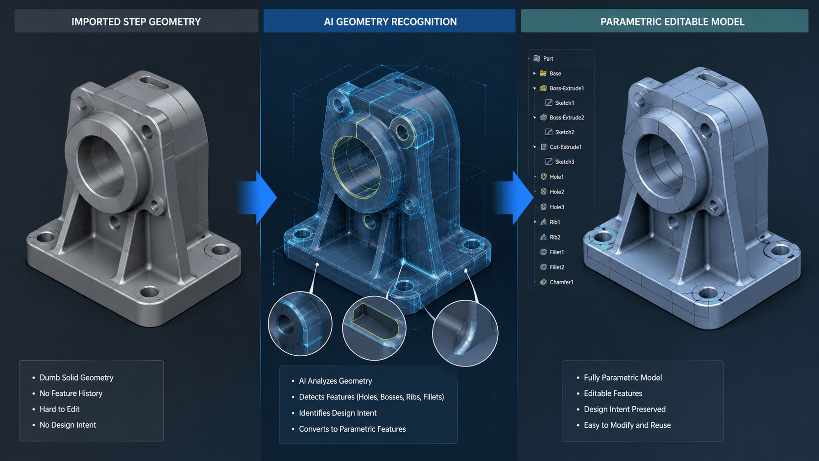 SOLIDWORKS LEO STEP File Enrichment AI converting imported STEP geometry into an editable parametric CAD model