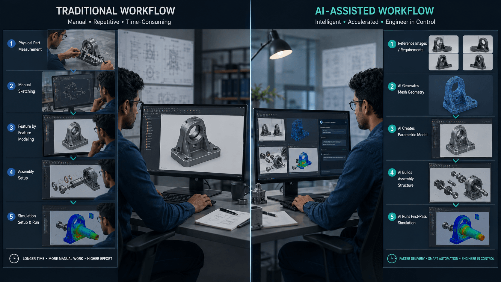 Traditional CAD vs AI-Assisted CAD Workflow Comparison of traditional CAD workflow and AI-assisted CAD workflow
